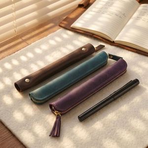 Vintage Simple Leather Stylus <b>Pen</b> Case Storage Bag Portable Genuine Leather Mini <b>Tablet</b> <b>Pen</b> Pouch with Zipper - Product Image 4