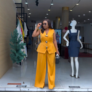<span class=keywords><strong>Ensemble</strong></span> deux pièces décontracté pour <span class=keywords><strong>femme</strong></span>, style transfrontalier Europe-Amérique, nouveau style africain, avec pantalon et débardeur sans manches à col nœud et laçage - Product Image 3
