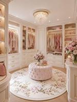 Dressing sur mesure de style français, armoire intégrée de luxe blanc crème, dressing de villa avec vitrine en verre