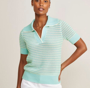 Custom <strong>Ladies</strong> Vintage Short for <strong>Polo</strong> Sweater <strong>Ladies</strong> Summer Casual Jacquard Pullover Knitwear Striped Crochet Knit Shirt <strong>Jumper</strong> - Product Image 2