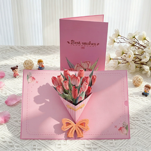 Carte de vœux 3D pop-up en forme de bouquet de tulipes, estampage or rose, cadeau d'anniversaire pour mère, professeur, fête de Thanksgiving - Product Image 1