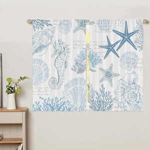 Coastal nautical Bindi ม่านแขวนโพลีเอสเตอร์ลายปะการังสีฟ้าเปลือกหอยรูปปลาดาวสำหรับคาเฟ่ - Product Image 5