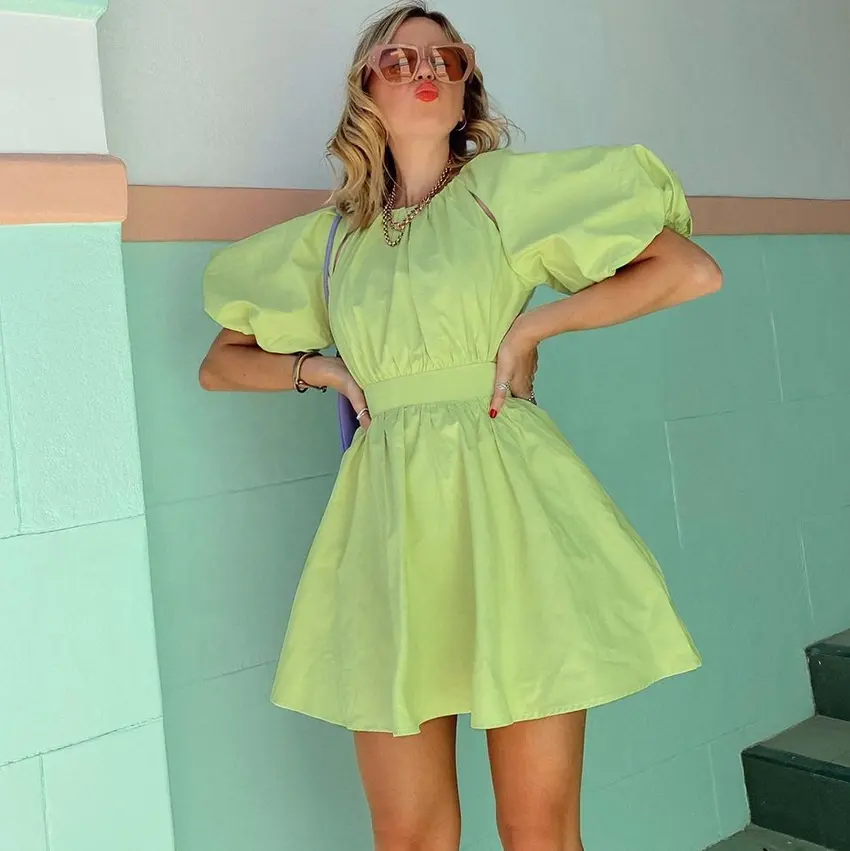Casual Green Solid Color Puff Sleeve Backless Cotton Woman's Summer Short Bubble Dresses