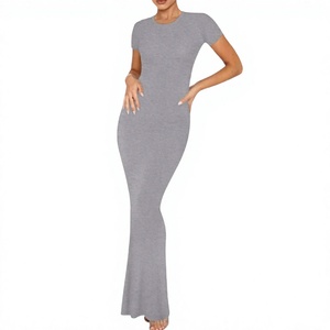 Women's Gray Knitted <b>Maxi</b> <b>Dress</b> Crew Neck Short Sleeve Bodycon Fitted Flared Hem <b>With</b> <b>Pockets</b> Casual Daily Wear - Product Image 3