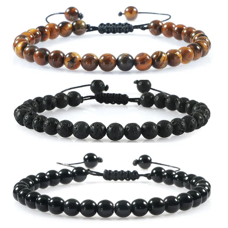 Fashion Natural Tiger Eye Stone Beads Hand Braided Bracelet Black Lava Volcanic Beaded Adjustable Bracelet Homme