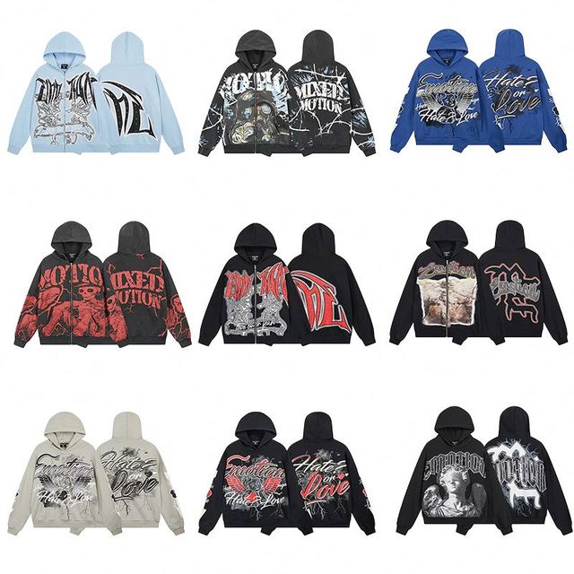 Top Sale Design High Quality Heavyweight Cotton Hoodies Streetwear Men's Clothing MIXED EMOTION Retro Graffiti Zip up Hoodie