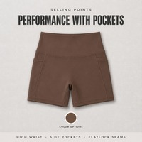Shorts de yoga taille haute pour femmes OEM avec poches latérales, coutures plates, compression, large ceinture, style cycliste, vêtements de sport, vente en gros