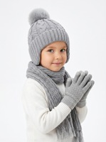 Conjunto de Gorro, Guantes y Bufanda de Invierno para Niños, Gorro con Orejeras, Bonito Gorro de Punto con Pompones para Niñas, Bebés y Niños Pequeños, Color Rosa, Cálido, 100% Algodón, Juego de 3 Piezas