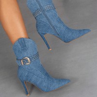 Bottines courtes à talon aiguille super haut sexy en jean pour femme XSD, nouvelle collection hiver, doublure en maille, rehaussant la silhouette