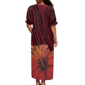 Maßgefertigtes Rotes Hibiskus-Blumen Polynesisches Tribal-Muster Mikronesien Mumu Kleid Trägerlos Bestseller Große Größe 6XL Lang Voluminös Hawaiianisch - Product Image 5