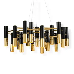 modern black gold tube metal pendant light hotel living room hanging ceiling lamps decorative lobby led chandelier
