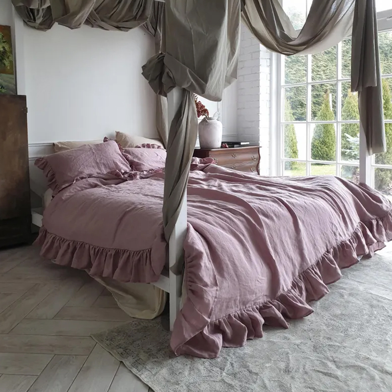100 Linen Vintage Ruffled Bedding Set