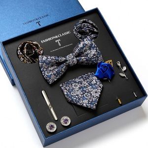 Ensemble de cravates rayées pour hommes, nœud papillon, foulard carré, boutons de manchette, pince à cravate, broche, coffret cadeau de luxe pour mariage - Product Image 5