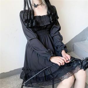 Long Sleeves Lolita Black Dress <strong>Goth</strong> Aesthetic Puff Sleeve High Waist Lace Trim Party Gothic <strong>Clothes</strong> Dress <strong>Woman</strong> - Product Image 2