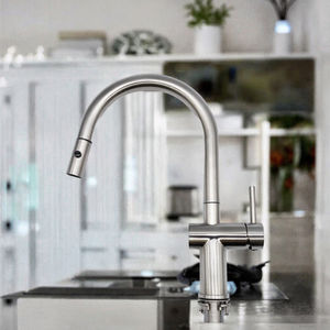 Robinet de cuisine Kemen de haute qualité, design moderne et luxueux, en acier inoxydable 304 brossé, à poignée unique, à montage sur pont, avec douchette en céramique - Product Image 3