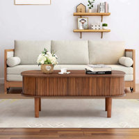 Table basse ovale extensible moderne AJUNION en bois massif avec 3 compartiments de rangement pour salon - Vente en gros