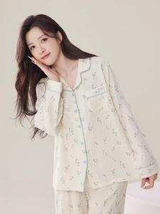 Nouvel Ensemble de Pyjama Femme en <span class=keywords><strong>Gaze</strong></span> <span class=keywords><strong>Double</strong></span> Couche Printemps/Automne, Col Rabattu, Prêt-à-Porter, Manches Longues 100% Coton - Product Image 2