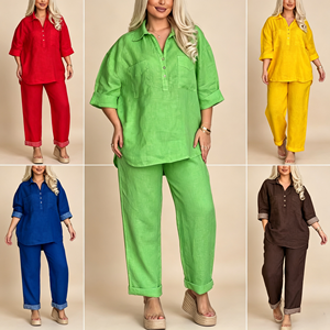 Nouvel ensemble décontracté en coton et lin pour femme 2026 – Blouse et pantalon deux pièces coupe ample couleur unie – Vêtements de gros pour fabricants - Product Image 2