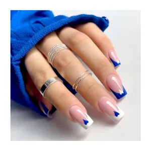 <span class=keywords><strong>Uñas</strong></span> postizas de Punta francesa, <span class=keywords><strong>uñas</strong></span> postizas de forma cuadrada mediana, corazón azul y blanco, 24 Uds. Oem Odm, palo de refuerzo - Product Image 1