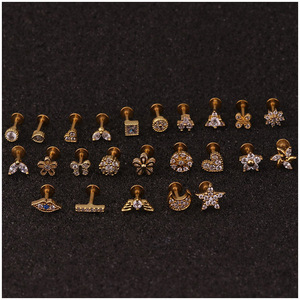 Clous de piercing labret en cuivre plaqué or PVD avec zircone cubique |   24 styles de motifs lune, étoile et fleur |   Boucles d'oreilles en acier inoxydable pour cartilage et tragus - Product Image 5