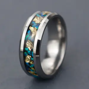 Poya Jewelry Fashion Polished Gold Leaf Blue Opal Sand Stone Men Wedding Ring Inlay Silver Color Tungsten Rings