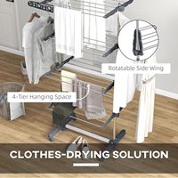 Séchoir à linge en métal à 4 niveaux en acier inoxydable, réglable, pliable, 6 roulettes avec 2 ailes latérales, pliable et aérateur.