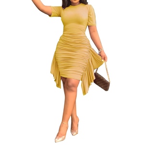 เดรสแฟชั่นผู้หญิงแขนสั้นทรงเอแบบไม่สมมาตร แต่งระบายจับจีบเข้ารูป - Product Image 3
