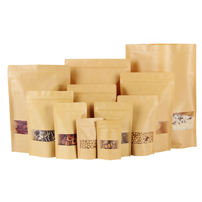 Custom Printed Food Stand up Pouch Bag Brown Kraft Paper Bags with clear Window for Candy Cookie Coffee Bean