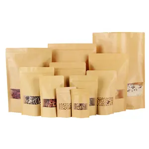 Стоячий пакет для еды с принтом на заказ, коричневые пакеты из крафт-бумаги с прозрачным окном для конфет, печенья, кофейных зерен