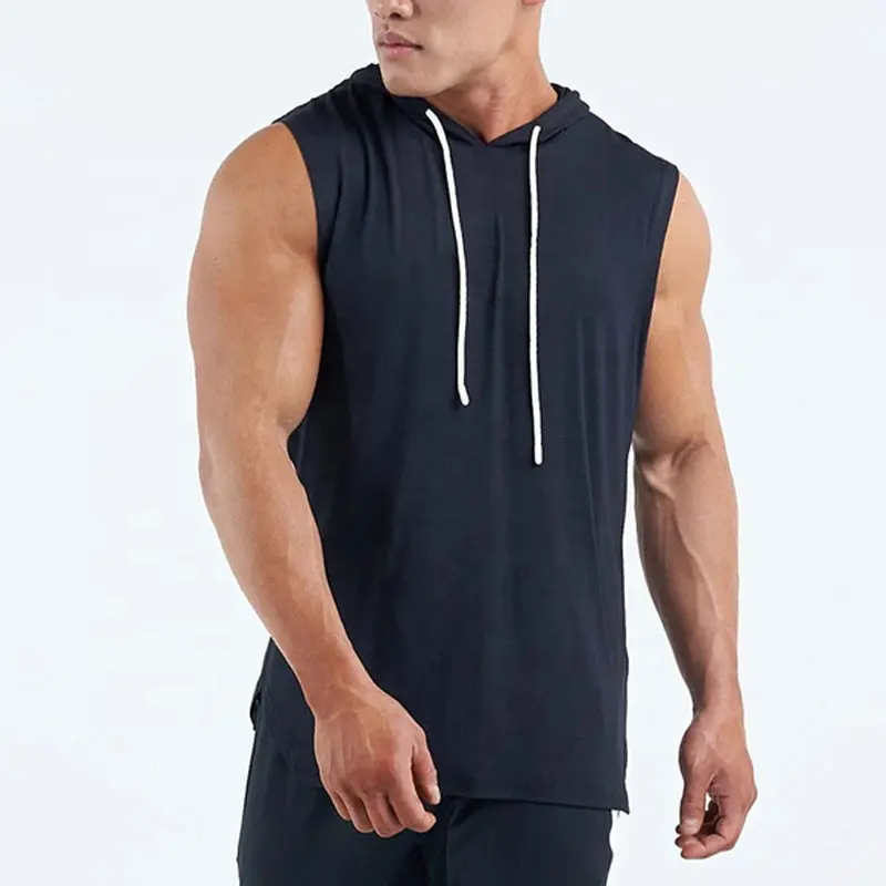 OEM Custom Print Logo High Quality Breathable Blank Sport Fitness Bodybuilding Muscle Hooded Men Tank Tops Sleeveless Gym Hoodie