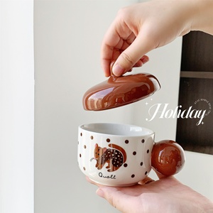 Mug en céramique avec couvercle, série Caramel, motif dessin animé mignon, résistant aux hautes températures, compatible micro-ondes, pour le bureau, le dortoir, tasse pour filles - Product Image 1