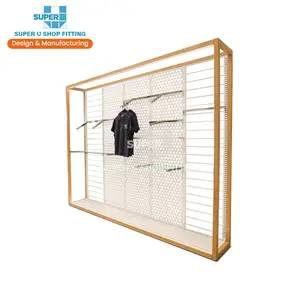 Modern Retail Clothes Showroom Shop Display Shelf Showcase Light Metal Wooden Look Clothing Store Furniture Wall Display Rack