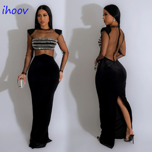 IHOOV strass manica lunga abito diamante caldo tinta unita abiti da sera donna donna <span class=keywords><strong>abbigliamento</strong></span> elegante - Product Image 1