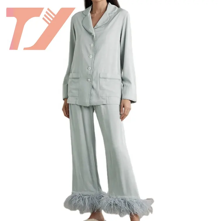 Women Crepe De Chine Classic Vantage Style Piping Shirt and Matching Pants Feather Pajama Set