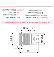 Interrupteur à bouton-poussoir lumineux annulaire en aluminium 15A à courant élevé, style court, IP65, 16mm, autobloquant avec LED, 1NO, 4 broches avec câble