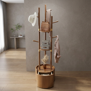 Modern <b>Wood</b> <b>Coat</b> Rack with Shelves and <b>Hooks</b> Freestanding Storage for Bedroom Living Room Furniture Scandinavian Design - Product Image 3