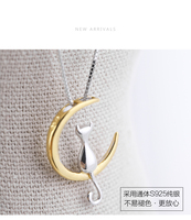 Collier chaîne à maillons en argent 925, nouveau design tendance, motif chat et lune, plaqué rhodium, pour femme - idéal pour mariage ou cadeau