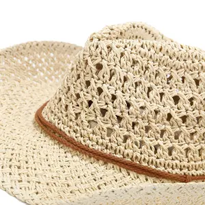 New Arrival Breathable Rope Weave Hollow Out Caps Custom Logo Hand Woven Crocheted String Paper Cowboy Straw Hat For Women