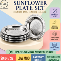 Assiettes en acier inoxydable de qualité hôtelière, motif tournesol en relief, plateau rond 30 45 48cm, qualité alimentaire, empilables, logo personnalisé