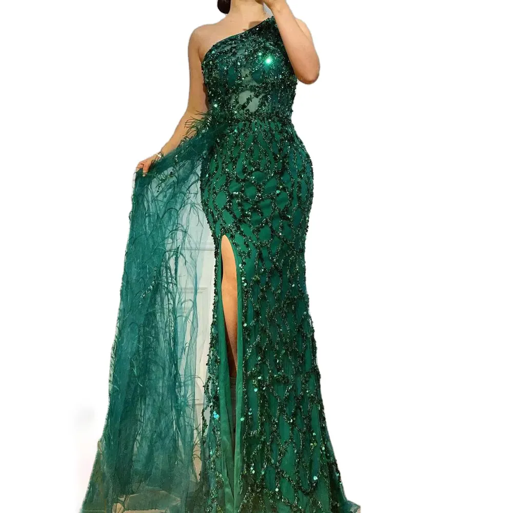 Green Beaded Feathers One Shoulder Stunning Evening Gowns Serene Hill LA70829 High End Women Sexy Party Dresses With Split