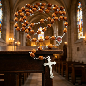 Rosario de Madera con Cuentas y Crucifijo Plateado INRI, Joyería Religiosa Cristiana, Unisex, Hecho a Mano, Chapado Antiguo - Product Image 3