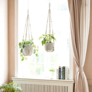 Perles en bois à la main tissé coton corde <span class=keywords><strong>fleur</strong></span> <span class=keywords><strong>Pot</strong></span> support support extérieur décor à la maison macramé plante cintre intérieur suspendu jardinière - Product Image 4