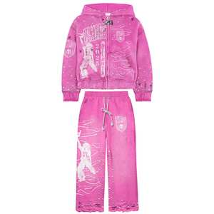 US Free Tax Custom Streetwear Vintage Französisch Terry <span class=keywords><strong>Cropped</strong></span> Acid Wash Reiß verschluss Distressed Strass Jogging hose und Hoodie Set - Product Image 3