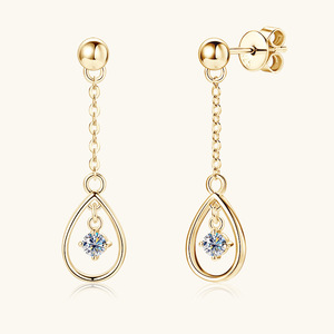 14K Gold Plated 925 Sterling Silver Tassel Stud Dangle Drop Earrings with 3mm Round Cut VVS <strong>Moissanite</strong> Women's Luxury Jewelry - Product Image 1