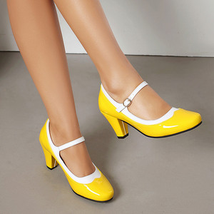 Elegant <b>Black</b> Patent Leather Heeled Sandals With White Ankle Strap Buckle Closed Toe Mid <b>Heel</b> All Seasons Women's Shoes - Product Image 3
