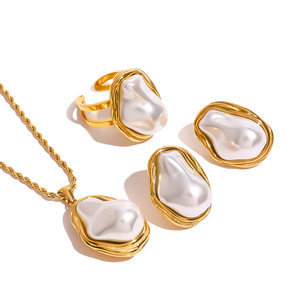 J&D Irregular Pearl Texture Stainless Steel 18K Gold Plated Elegant <b>Statement</b> <b>Necklace</b> Ring Earrings Set Gift for Women Daily - Product Image 1