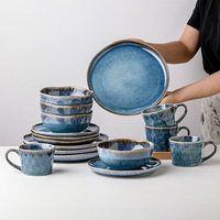 Service de table écologique en porcelaine de style nordique glaçure réactive bleu moderne 16 pièces bols assiette pour usage domestique ensembles de vaisselle