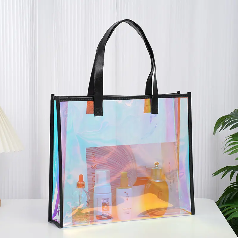 Custom Logo PVC Transparent Tote Bag Laser Handbag For Women Large Capacity Colorful Beach Bag Clear Iridescent Shopping Bag