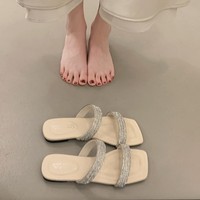 Chaussons d'été polyvalents à strass style coréen, à semelle plate et bout ouvert, pour femmes