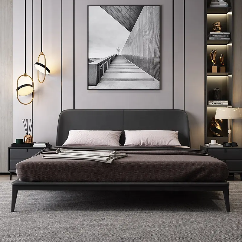 新しいイタリアのデザイン寝室の家具生地キングサイズのロフトベッドホームグレー色の布張りのクイーンサイズのベッドマホガニーキングそり